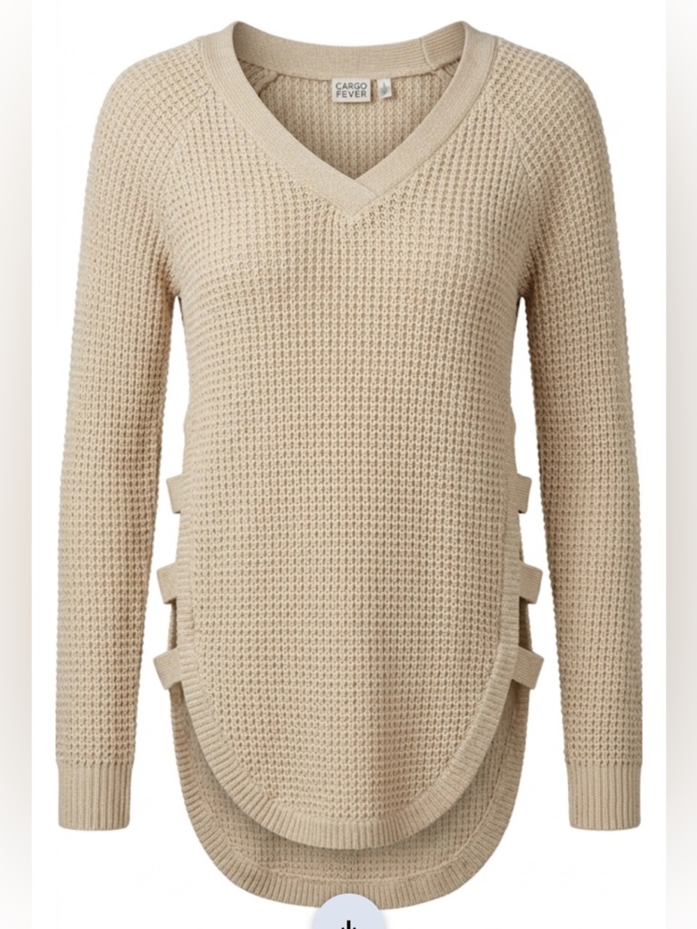 Cabin Fever Cozy V-Neck Cream Knit Sweater with Side Strap Accents